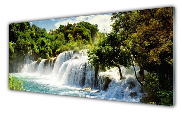 Tablou pe sticla Cascada Copaci Natura Maro Verde Alb Albastru
