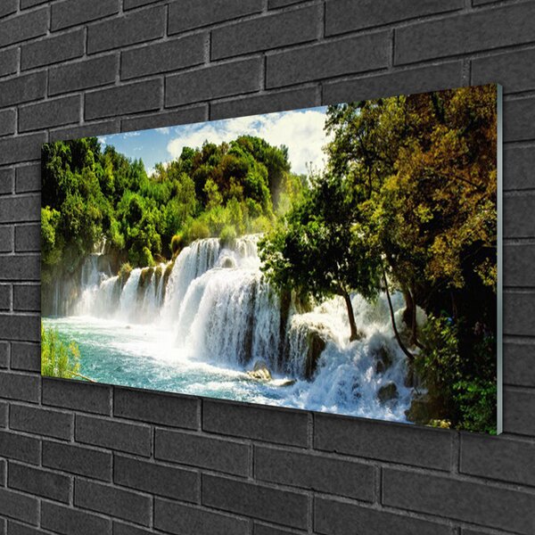 Tablou pe sticla Cascada Copaci Natura Maro Verde Alb Albastru