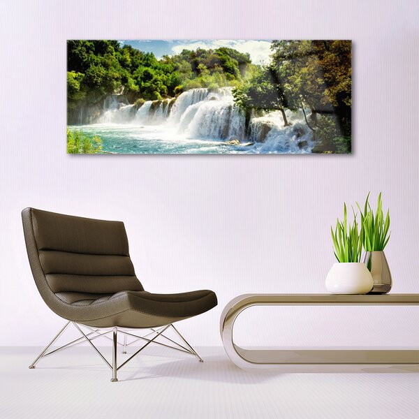 Tablou pe sticla Cascada Copaci Natura Maro Verde Alb Albastru