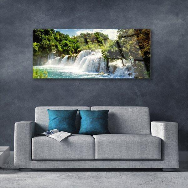 Tablou pe sticla Cascada Copaci Natura Maro Verde Alb Albastru