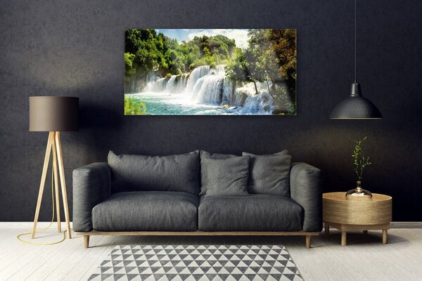 Tablou pe sticla Cascada Copaci Natura Maro Verde Alb Albastru