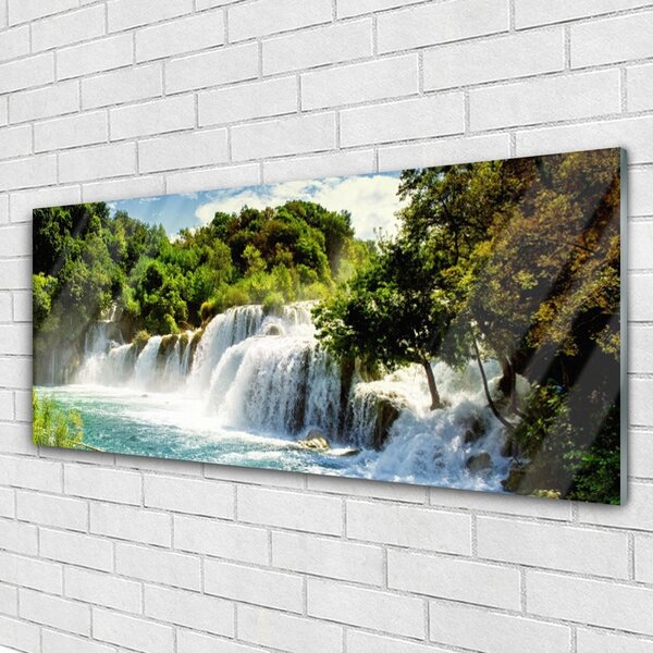Tablou pe sticla Cascada Copaci Natura Maro Verde Alb Albastru