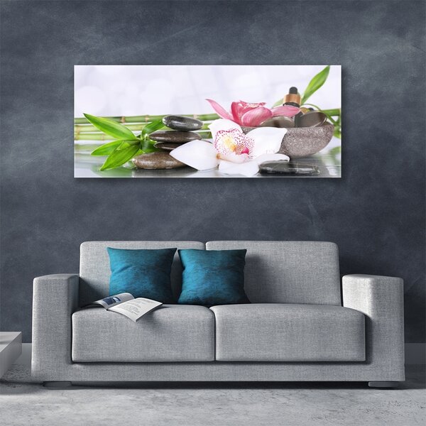 Tablou pe sticla Bambus Tulpini flori Stones Floral Verde Alb Gri
