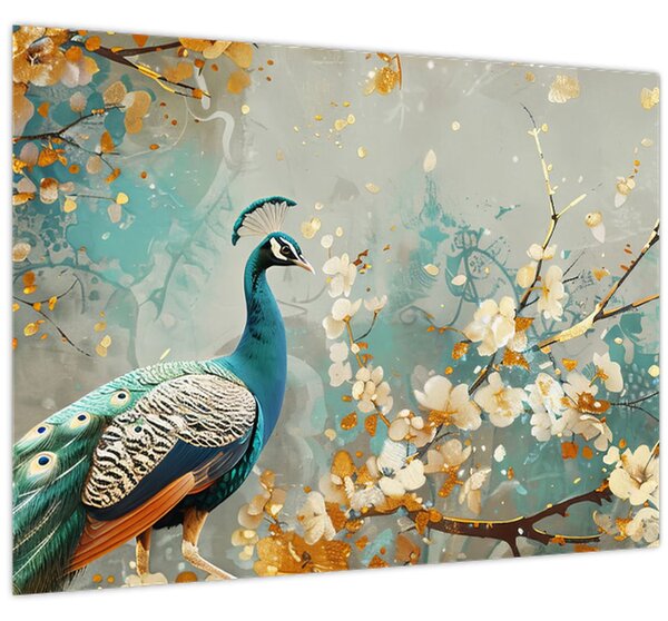 Tablou - Păun cu decor de aur (70x50 cm)