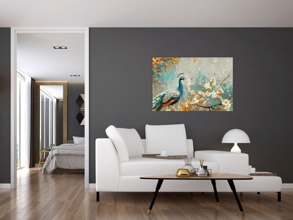 Tablou - Păun cu decor de aur (90x60 cm)