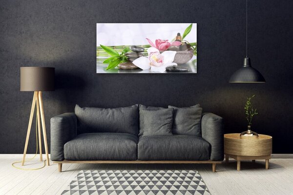 Tablou pe sticla Bambus Tulpini flori Stones Floral Verde Alb Gri