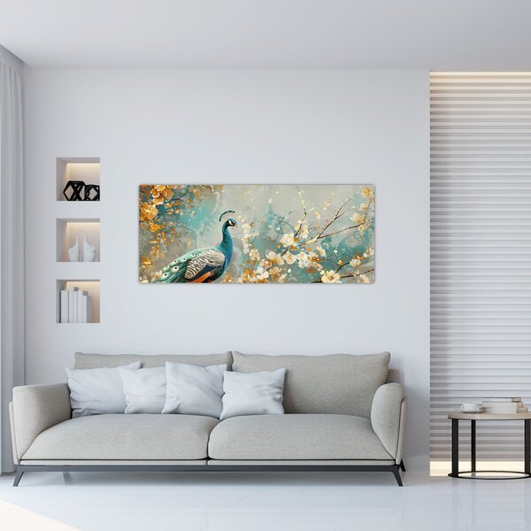 Tablou - Păun cu decor de aur (120x50 cm)