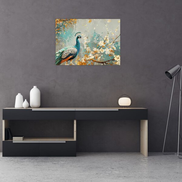 Tablou - Păun cu decor de aur (70x50 cm)