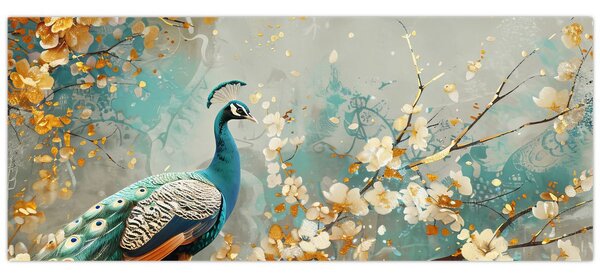Tablou - Păun cu decor de aur (120x50 cm)