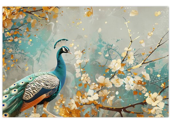 Tablou - Păun cu decor de aur (90x60 cm)