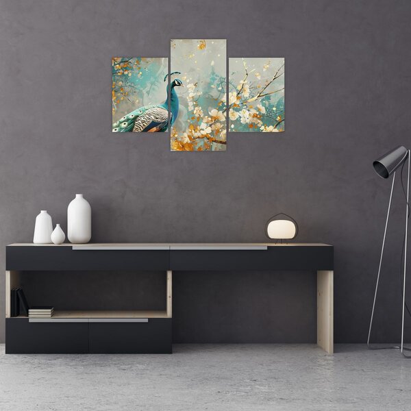 Tablou - Păun cu decor de aur (90x60 cm)