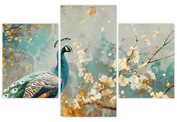 Tablou - Păun cu decor de aur (90x60 cm)