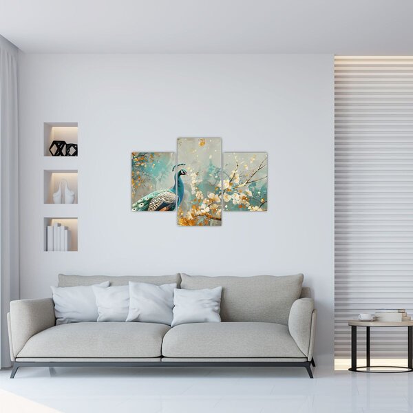 Tablou - Păun cu decor de aur (90x60 cm)