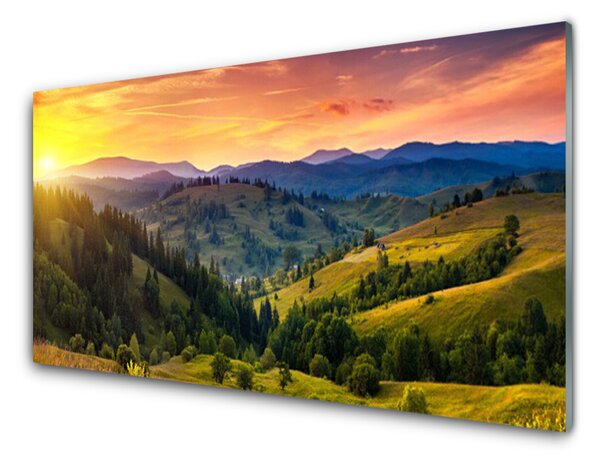 Panou sticla bucatarie Sun Mountain Forest Meadow Natura Galben Albastru Verde