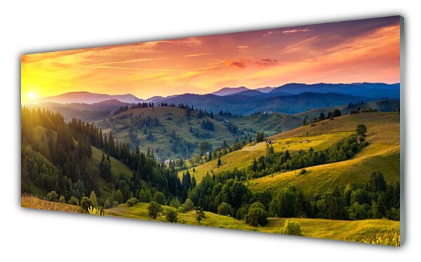 Panou sticla bucatarie Sun Mountain Forest Meadow Natura Galben Albastru Verde