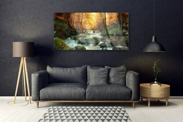 Tablou pe sticla Cascada Pietrele Natural Pădurea Brun Galben Gri Alb