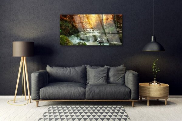 Tablou pe sticla Cascada Pietrele Natural Pădurea Brun Galben Gri Alb