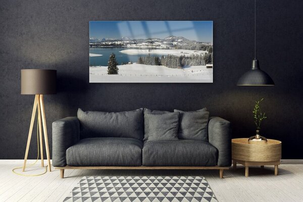 Tablou pe sticla Snow Lake Peisaj Forestier Albastru Alb Verde