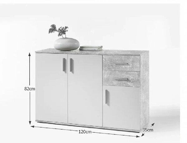 Comoda POPPY 2, alb/gri ciment, PAL melaminat, 120x35x82 cm