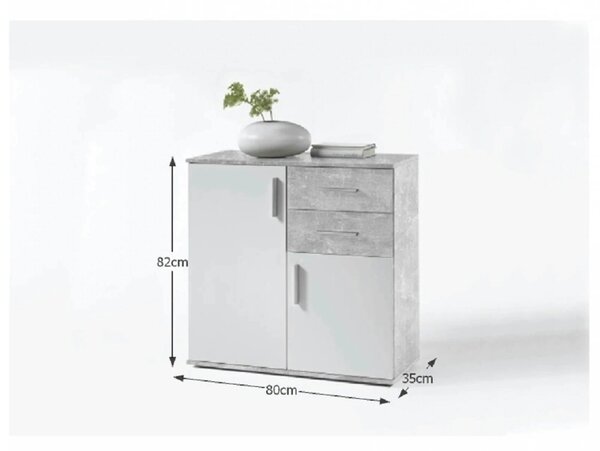 Comoda POPPY 4, alb/gri ciment, PAL melaminat, 80x35x82 cm