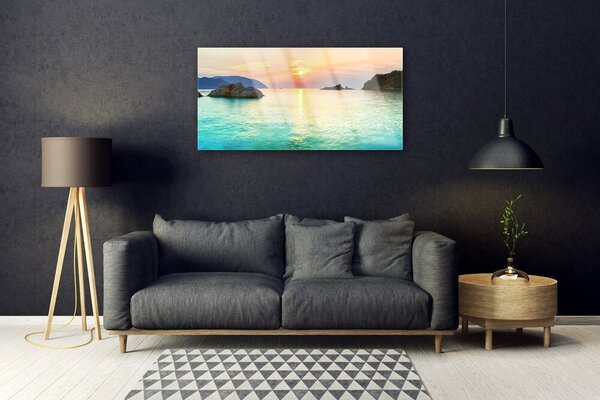 Tablou pe sticla Sea Sun Rocks Peisaj Galben Gri Albastru