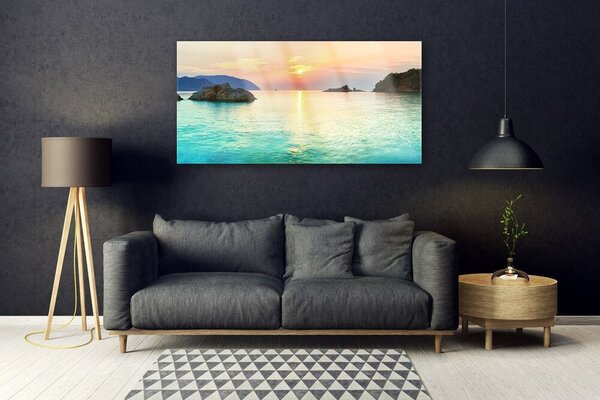 Tablou pe sticla Sea Sun Rocks Peisaj Galben Gri Albastru