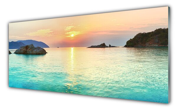 Tablou pe sticla Sea Sun Rocks Peisaj Galben Gri Albastru