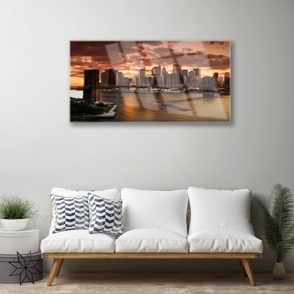 Tablou pe sticla Bridge City Case Gri Brun Galben