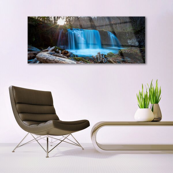 Tablou pe sticla Sunshine Cascada Natura Galben Maro Albastru Verde