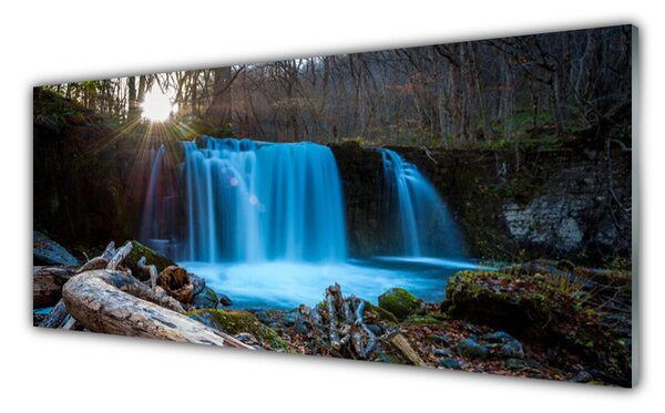 Tablou pe sticla Sunshine Cascada Natura Galben Maro Albastru Verde
