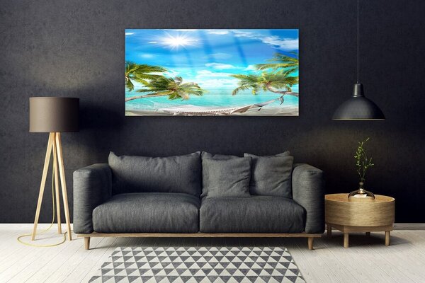 Tablou pe sticla Sun Sea Palm Hamac Peisaj Alb Albastru Maro Alb