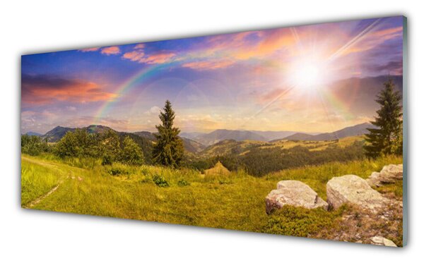 Tablou pe sticla Soare Munții Meadow pietre Natura Galben Verde Maro