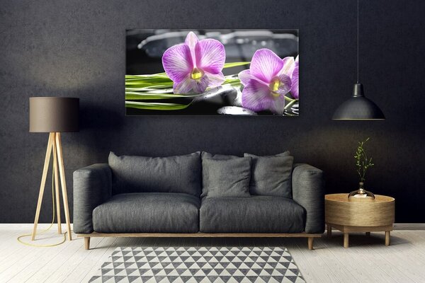 Tablou pe sticla Pietrele florale flori roz negru