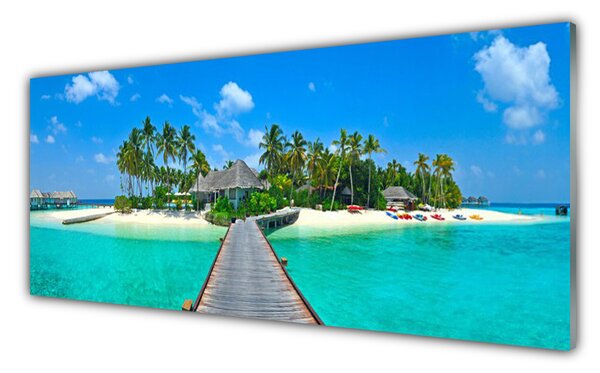 Tablou pe sticla Palm Beach Copaci Marea Podul Arhitectură Brun Verde Gri Albastru