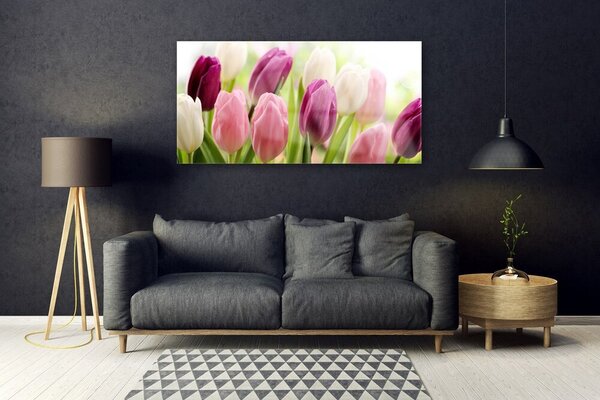 Tablou pe sticla Lalele Floral Alb Roșu Roz