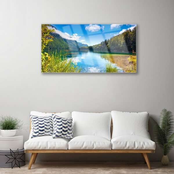 Tablou pe sticla Mountain Lake Forest Natura Verde Albastru