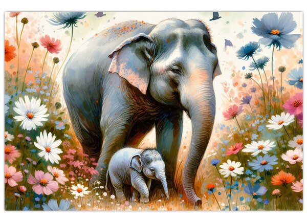 Tablou - Mama elefant, acuarelă (90x60 cm)