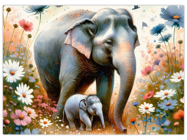 Tablou - Mama elefant, acuarelă (70x50 cm)