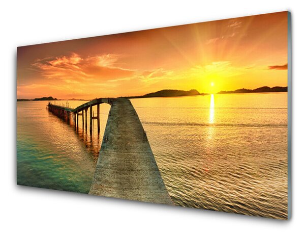 Panou sticla bucatarie Sea Sun Podul Peisaj Galben Gri