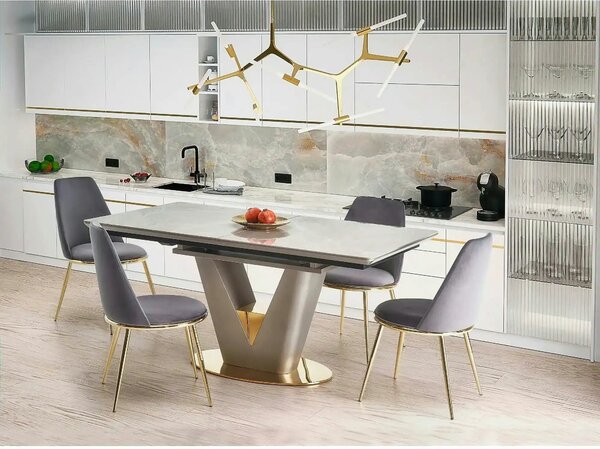 Masa dining 8 persoane VALENTINO, gri/auriu, ceramica/otel, 160/220x90