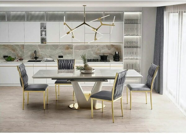 Masa dining 8 persoane VALENTINO, gri/auriu, ceramica/otel, 160/220x90