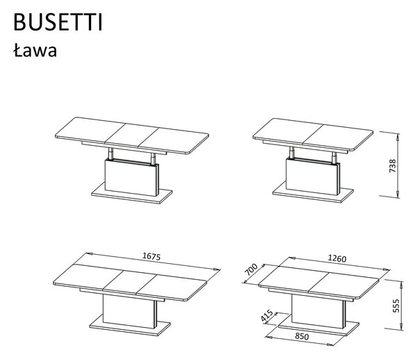 Masa extensibila BUSETTI, alb mat, PAL, 126/167x70x56/74 cm