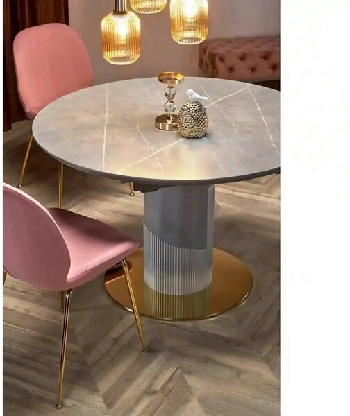 Masa eleganta living MUSCAT, gri cu efect marmura/auriu, 120/160x120x7