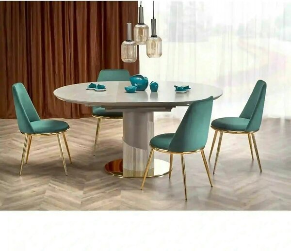 Masa eleganta living MUSCAT, gri cu efect marmura/auriu, 120/160x120x7