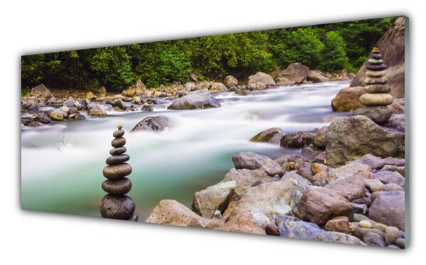 Tablou pe sticla Lake Forest Stones Peisaj Verde Alb Gri Maro