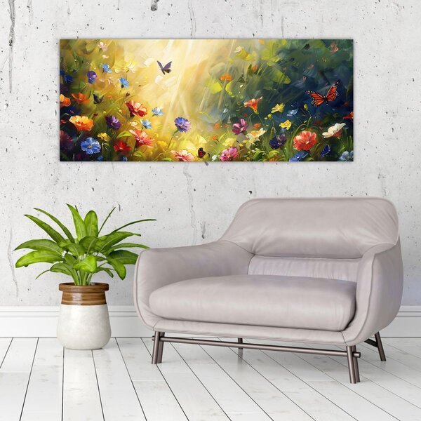 Tablou - Pajiște cu flori de primăvară, pictură (120x50 cm)