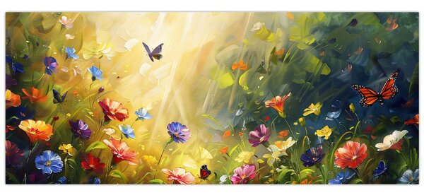 Tablou - Pajiște cu flori de primăvară, pictură (120x50 cm)