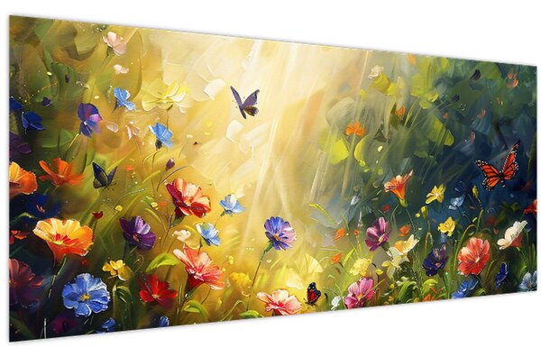 Tablou - Pajiște cu flori de primăvară, pictură (120x50 cm)
