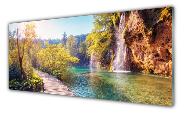 Panou sticla bucatarie Copaci Lacul Rock Podul Peisaj Maro Verde Albastru