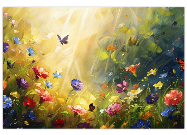 Tablou - Pajiște cu flori de primăvară, pictură (90x60 cm)